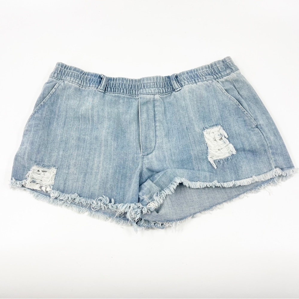 ✅  Aerie Womens Denim Distressed Shorts Blue Pull On Frayed Hem Mid Rise‎ Medium